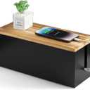 Large Wood Cable Management Box - Cable Organizer Box - 2 Open Slots Cords Hider Box - Under Desk Cord Organizer for Power Strip Extension Cord Surge Protector Charger Wire, Black