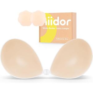 Niidor Adhesive Strapless Bra - Push Up & Backless Sticky Bra with Nipple Covers for All Day Wear Deep Nude
