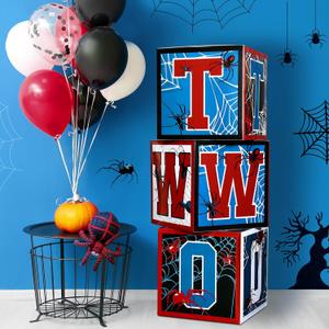 3 Pcs Spider 2nd Birthday Party Decorations Spider Theme Balloon Boxes Two Years Old Baby Letter Box Second Birthday Party Decorations Backdrop Photoshoot Props