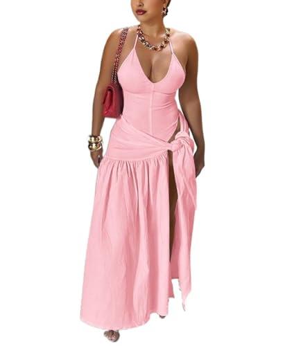 Two Piece Sets for Women Vacation Sexy Halter Backless Bodysuit and High Split Beach Wrap Pleated Skirt Set Pink M