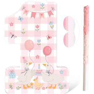 Pajean Silly Goose Piata Funny Goose 1st Birthday Decorations Pink Gingham Duck Number One Piata Set with Stick Blindfold for Baby Shower First Birthday Celebration Decor