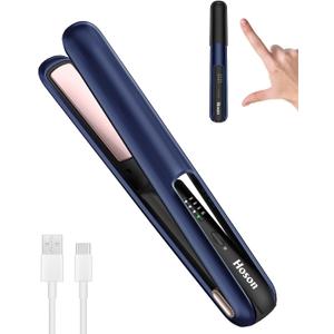 Hoson Cordless Hair Straightener,Portable Mini Flat Iron Travel for Bangs,Short Hair, Rechargeable Curling Iron and Curler 2 in 1,Blue,for Touch Ups