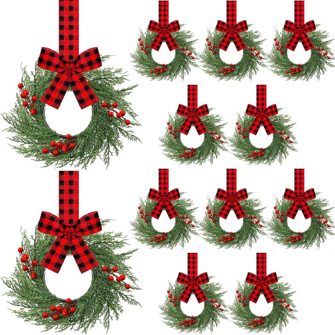 Knitgrip 12 Pcs 9'' Small Christmas Kitchen Cabinet Wreaths with Plaid Bow Ribbon Mini Hanging Christmas Wreath Artificial Greenery Wreath for Front Door Porch Wall Window(Red Black Buffalo Plaid)