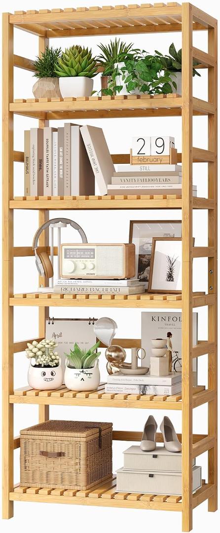 FOTOSOK 6-Tier Bamboo Shelf, Bamboo Bookcase with Adjustable Shelves, Free Standing Storage Shelf Unit, Plant Flower Stand for Kitchen, Bathroom, Home Office, Natural, 10.2d X 23.6w X 63.4h in