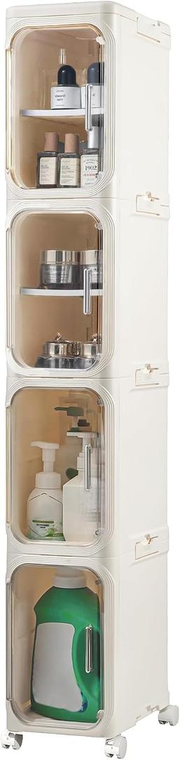 LXLXXL 4-Tier Narrow Storage Cabinet Slim Bathroom Storage Cabinet with Movable Wheels Tall Bathroom Organizer Skinny Cabinet for Small SpacesBeige