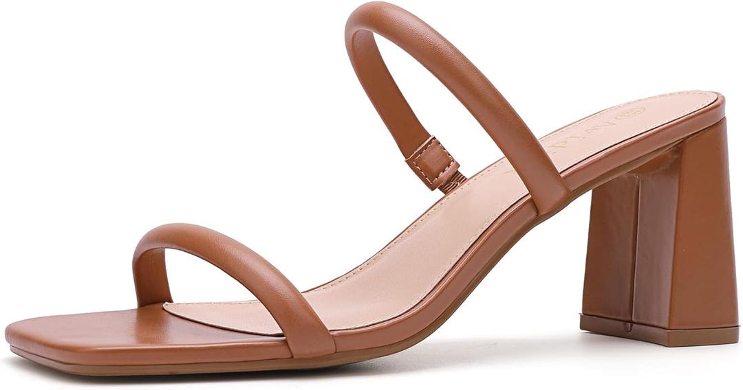 Avidirk Women's Square Open Toe Heeled Sandals Two Strap Mules Slip On Block Chunky Mid Heels Sandals, Size 6