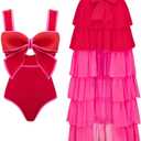 FLAXMAKER Bow Front Cut Out Color Block One Piece Swimsuit and Skirt (Large)