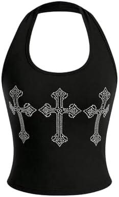 Floerns Women's Rhinestone Cross Pattern Sleeveless Halter Neck Y2k Tank Top