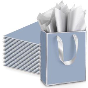 Yeaqee 24 Pack Metallic Paper Gift Bags with Handle and Tissue 9x7x3.1 Gold Foil Welcome Thank You Favor Bags Return Gifts for Wedding Mothers Graduation Bridesmaid Birthday(Dusty Blue, Silver)