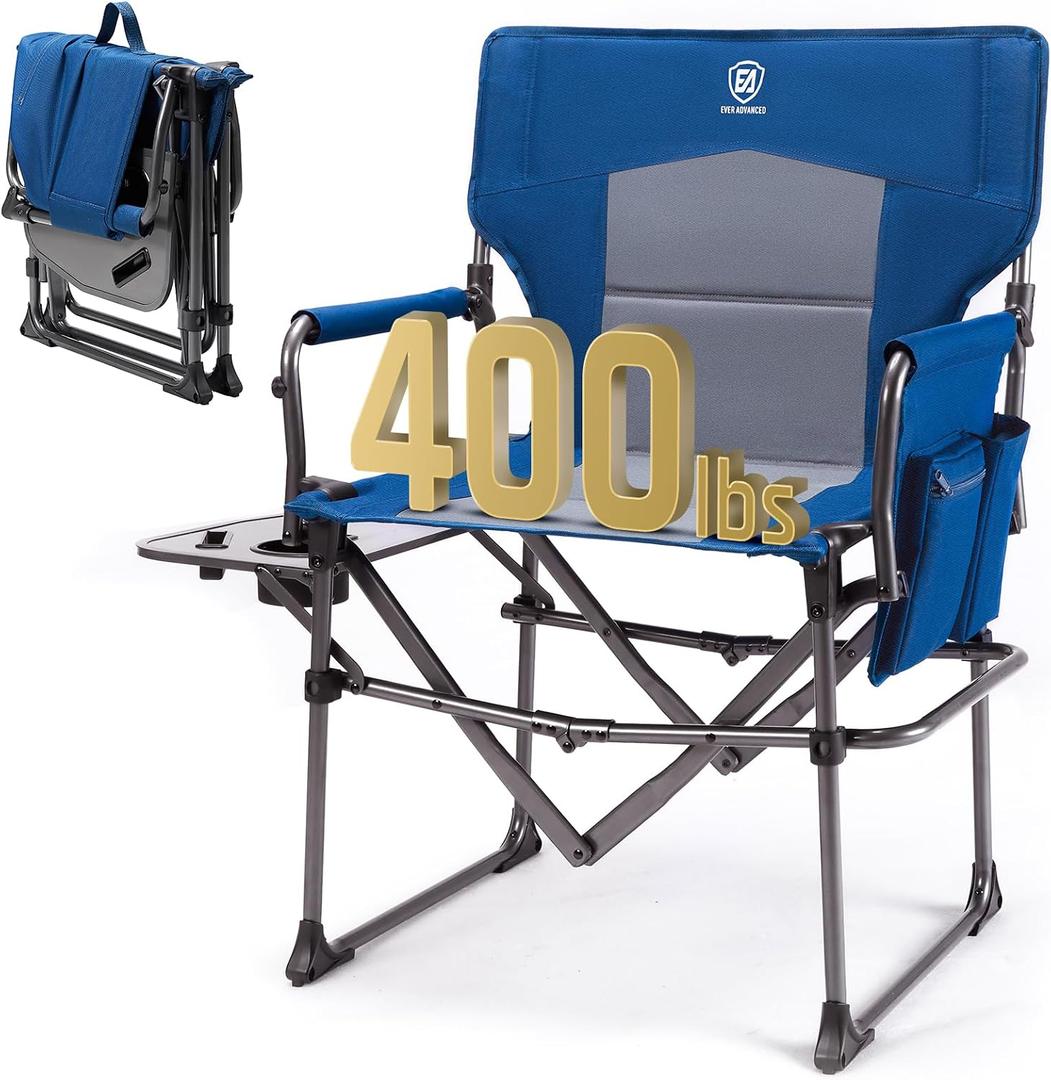 EVER ADVANCED Camping Directors' Chair with Side Table, Portable Folding with Compact Size, Heavy Duty Lawn Chair with Pocket for Camping, Lawn, Sports and Fishing, 400lbs, Blue, 19.75 x 19.75 x 6 inches