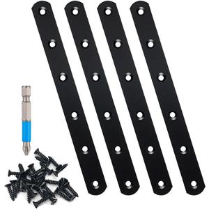 QSJ 4 Pcs Black Straight Bracket Brace Stainless Steel Brackets 195mm / 7.67" Brace for Wood with Screws and Screwdriver