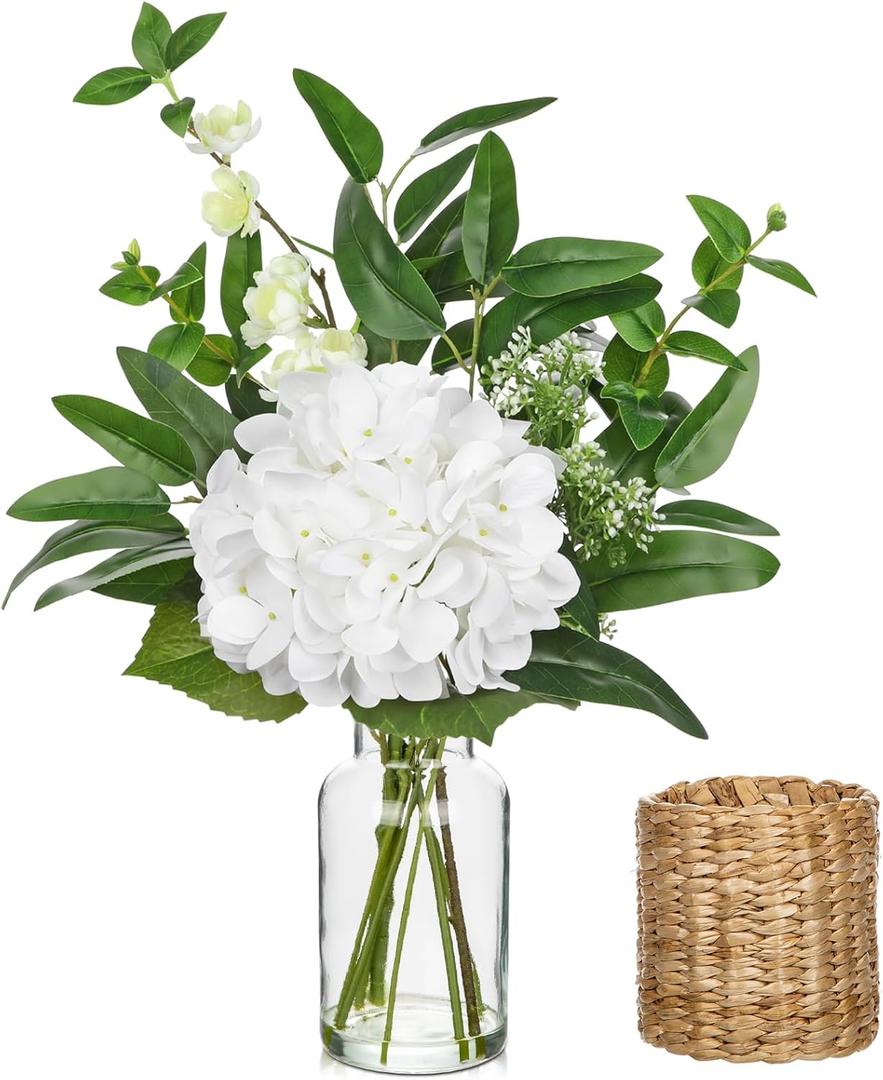 17" White Hydrangea Artificial Flowers in Vase With Faux Water, UV Protected Fake Hydrangeas Flowers Arrangement with Eucalyptus, Silk Hydrangea for Living Room, Dining Room, Wedding Table Centerpiece