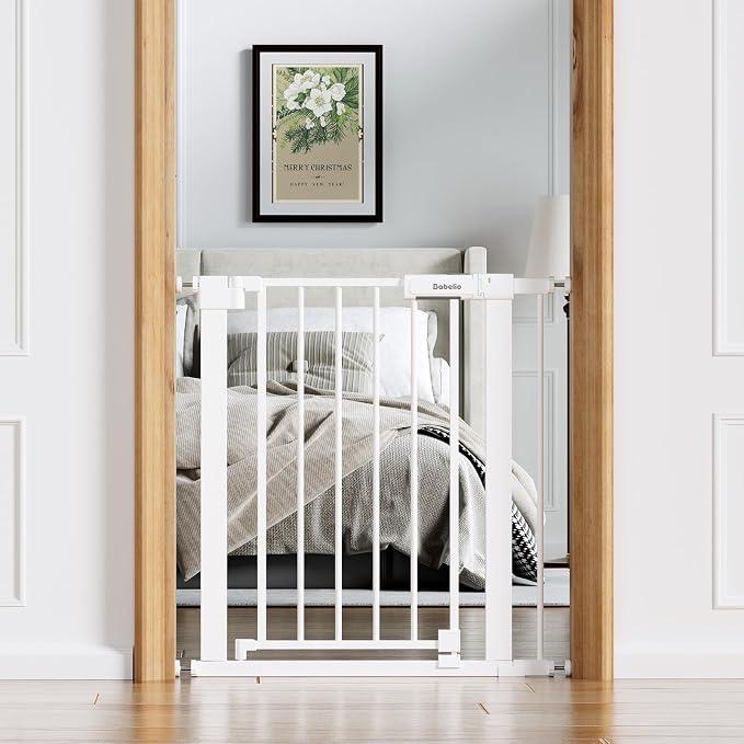 Babelio 26-31 in Narrow Baby Gate for Stairs with Wide Door, Press Guard II Pressure/Wall Mount, Dual Lock with Indicator, Auto Close, Heavy Duty, Easy Install for Doorways, Kitchens, Hallway, White
