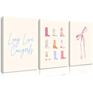 Cowgirl Wall Art Decor Pink Aesthetic Bows Canvas Wall Art Preppy Girly Poster Coquette Boots Wall Art Decor Trendy Bow Prints Pictures for College Apartment Bedroom 16x24 Inch Framed Set of 3