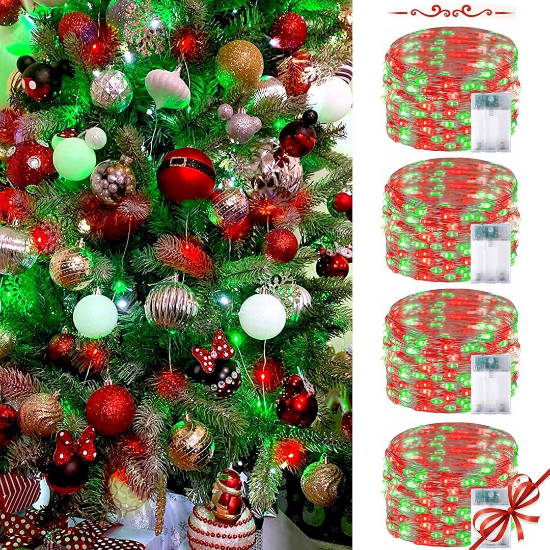 4 Pack Red and Green Christmas String Lights, Each 20FT 60 LED Fairy Lights Battery Operated with Timer, Waterproof Twinkle Lights for Outdoor and Indoor Bedroom Home Yard Patio Christmas Decorations