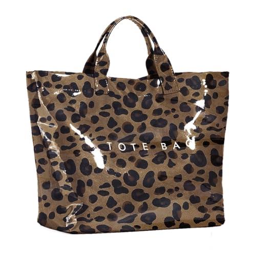 KAMEILONG Women's Large PVC Tote Bag Letters Print Handbags Paper Shoulder Bag Clear Shopping Hobo Bag (Brown Leopard)