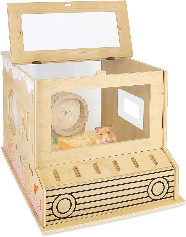 Wooden Hamster Habitat for Dwarf & Roborovski - Starter Enclosure with Acrylic Viewing Panels, Ventilated Top-Opening Design for Desktop Display (Not for Syrian Hamsters)