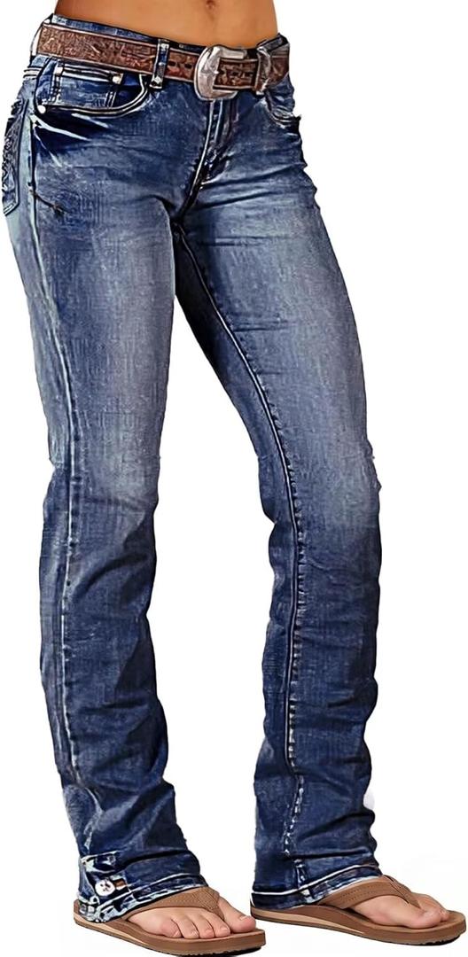 Flamingals Boot Cut Jeans for Women Mid Waist Flared Strechy Trendy Straight Leg Denim Pants (XX-Large, Dark Blue)