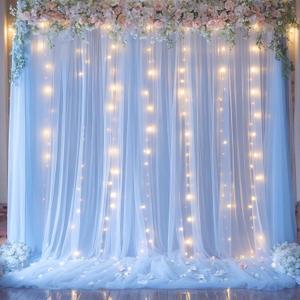 Baby Blue Sheer Tulle Backdrop Curtains with Lights String for Parties Baby Shower Decorations for Boy Bridal Shower Birthday Party Photo Shoot Background Wall Decorations 108ft(2 Panels 58ft)
