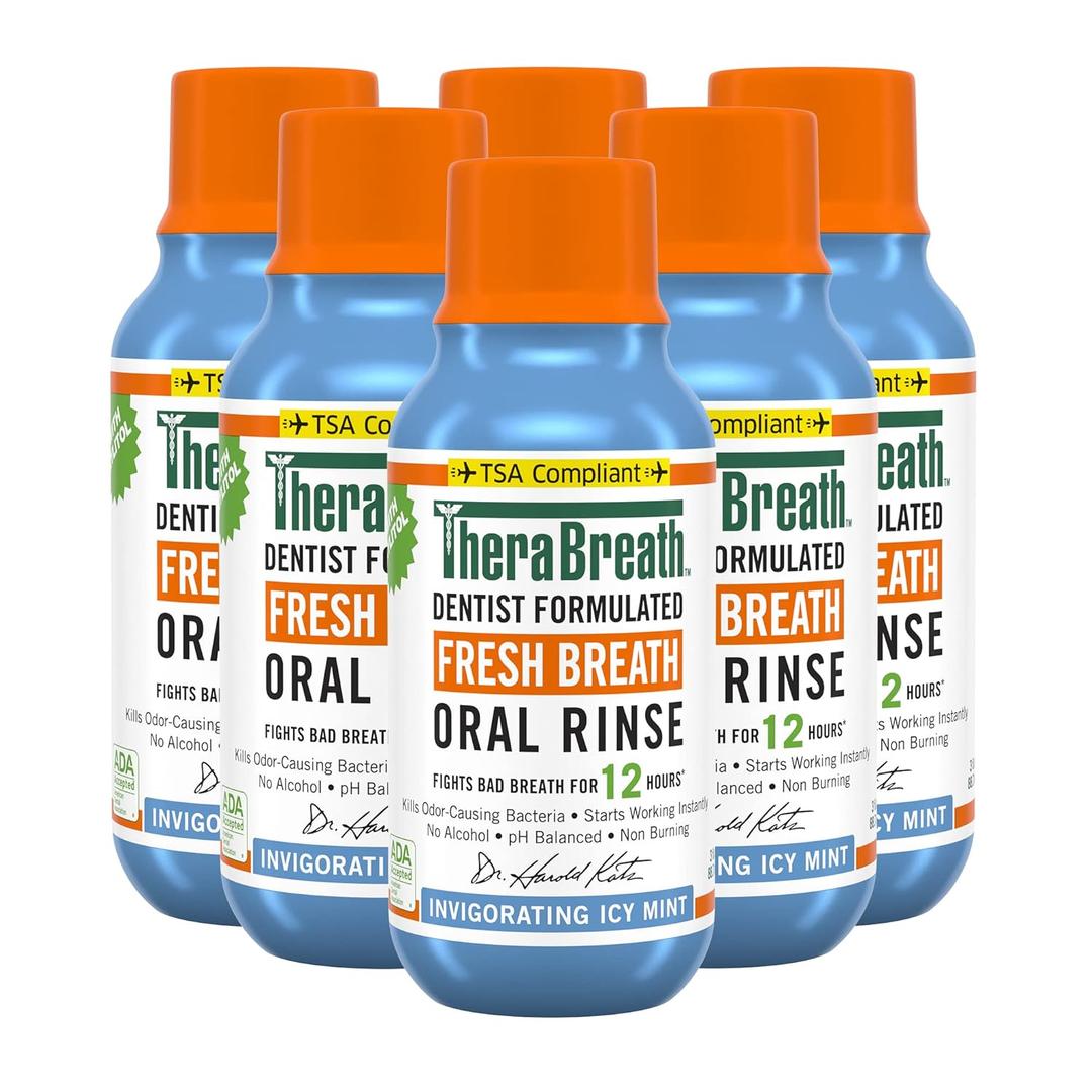 TheraBreath Fresh Breath Dentist Formulated Oral Rinse, Icy Mint, 3 Ounce (Pack of 6) (EXP: 11/2028)