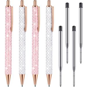 Ireer 4 Pcs Bling Rhinestone Sparkly Pen for Women Diamond Crystal Glitter Metal Ballpoint Ink Pen with 4 Pcs 1.0mm Refills Desk Accessory for Girl Students Gift(Pink, White)
