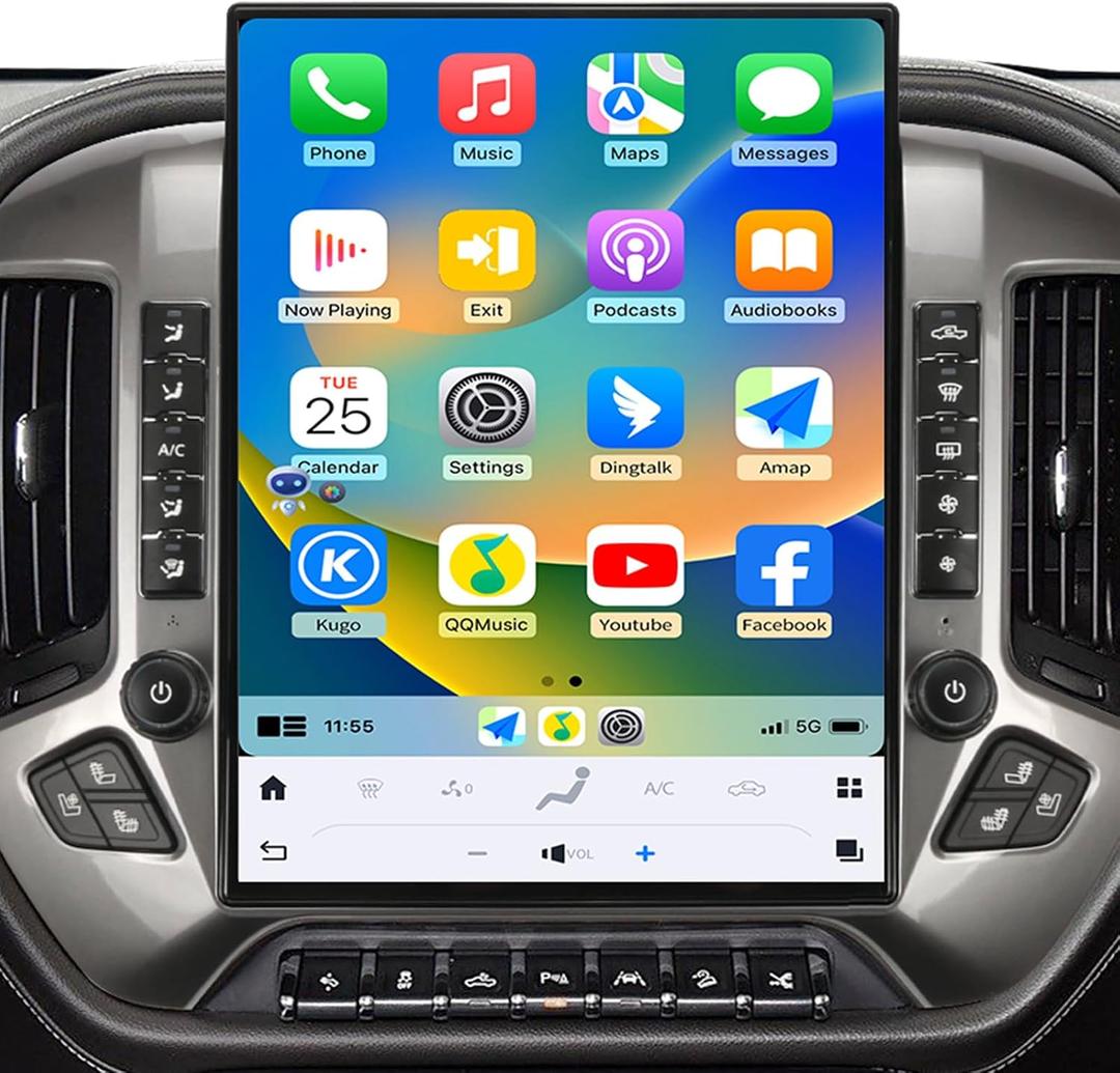 15.6 inch Car Radio for Chevrolet Silverado GMC Sierra 2014-2019 Replacement Stereo Head Unit 2K IPS Touch Screen Carplay Android Auto Bluetooth Tesla Style Navigation SWC OEM 8 Inch Support Bose