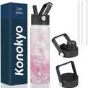 Konokyo 22oz Stainless Steel Bottles with 3 Lids Sport Insulated Water Bottle,Marble Blossom