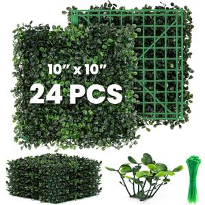 Grass Wall 24 Pack 10"x10" Artificial Boxwood Hedge Wall Panels, Privacy Hedge Screen Faux Boxwood for Outdoor,Indoor,Garden,Fence,Backyard,Greenery Walls