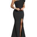 YMDUCH Women's Sexy Sleeveless One Shoulder Ruffle High Split Party Evening Long Formal Dress Black M