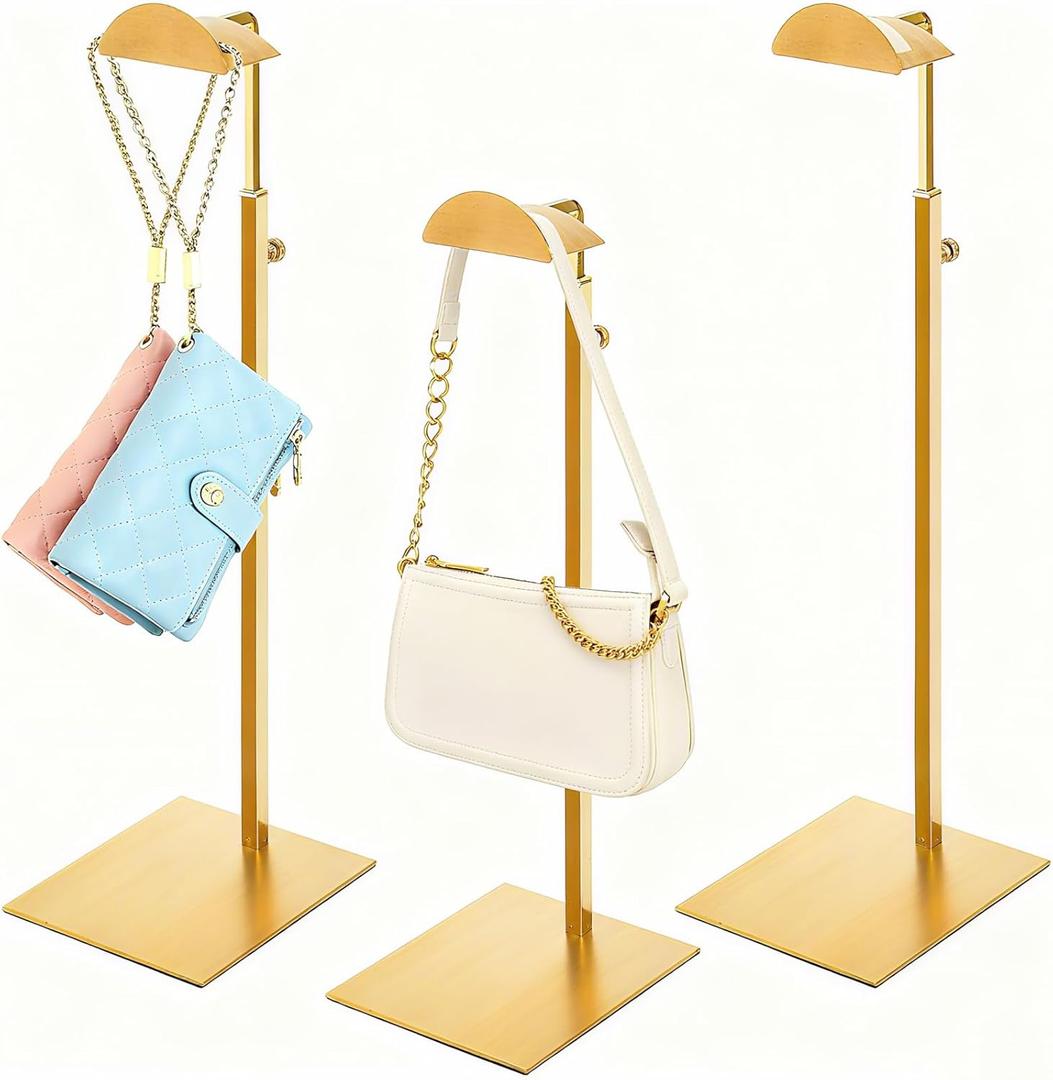 Hacaroa Set of 3 Purse Display Stand Stainless Steel, Adjustable Metal Handbag Holder Gold Tabletop Bag Rack, Single Hook Jewelry Display Stand for Closet, Boutique, Store