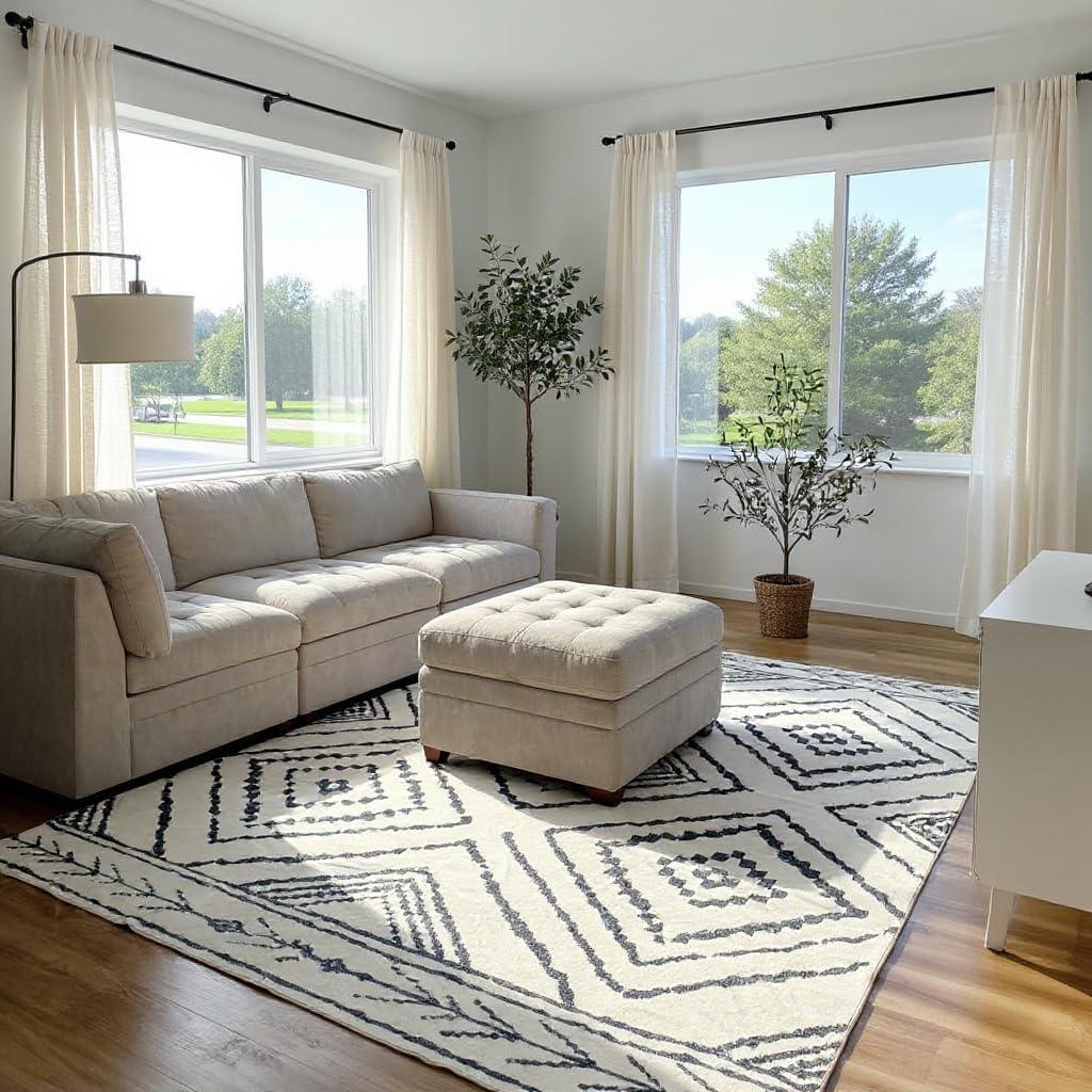 Area Rug 8'x10' Rug Machine Washable Non-Slip Low Pile Print Pattern Western Rug for Living Room Bedroom Entryway Tribal Series -Navywhite/Black