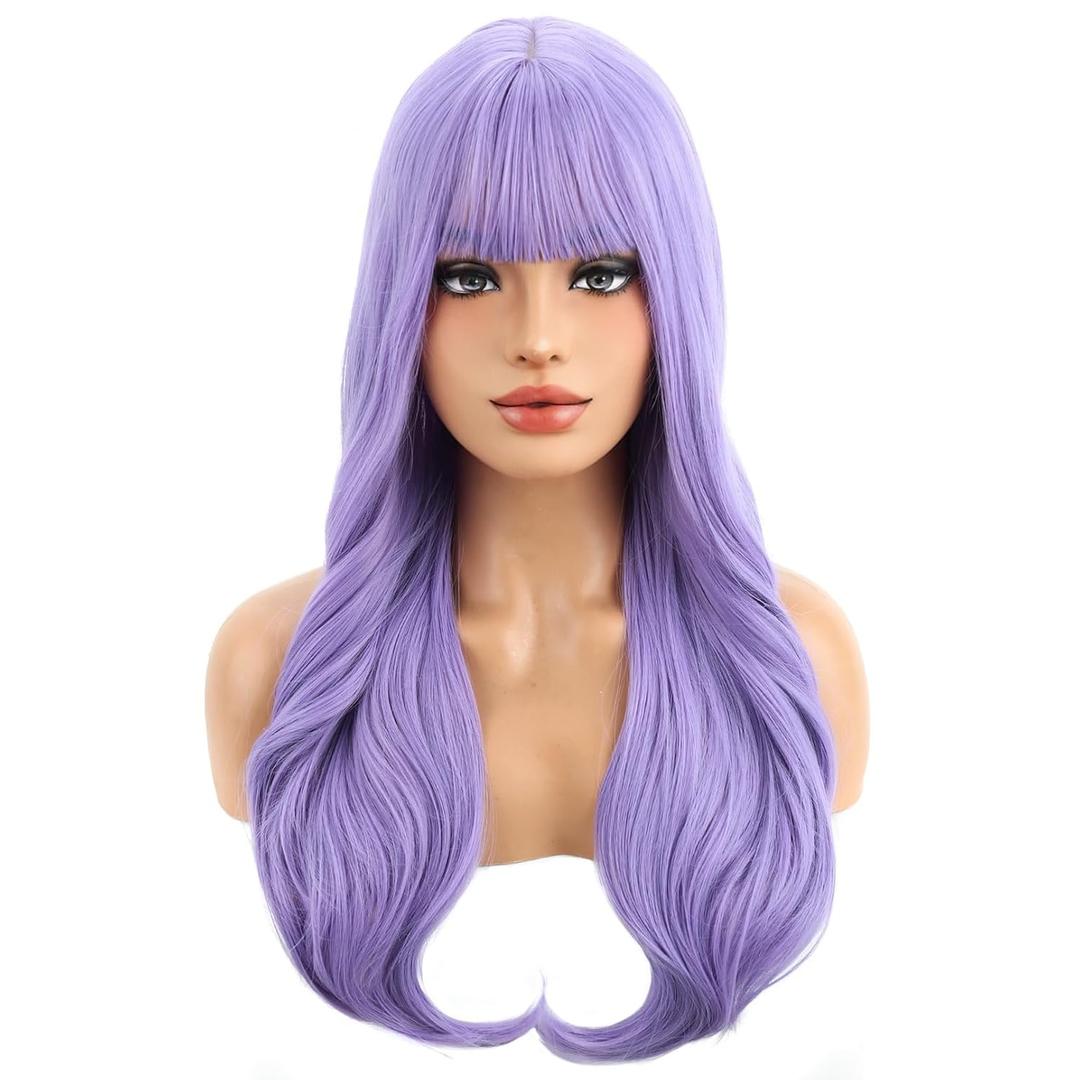 BERON Women Light Purple Long Curly Wig with Bangs Girls Wavy Purple Heat Resistant Synthetic Wigs Cosplay Costume Daily Party Wig