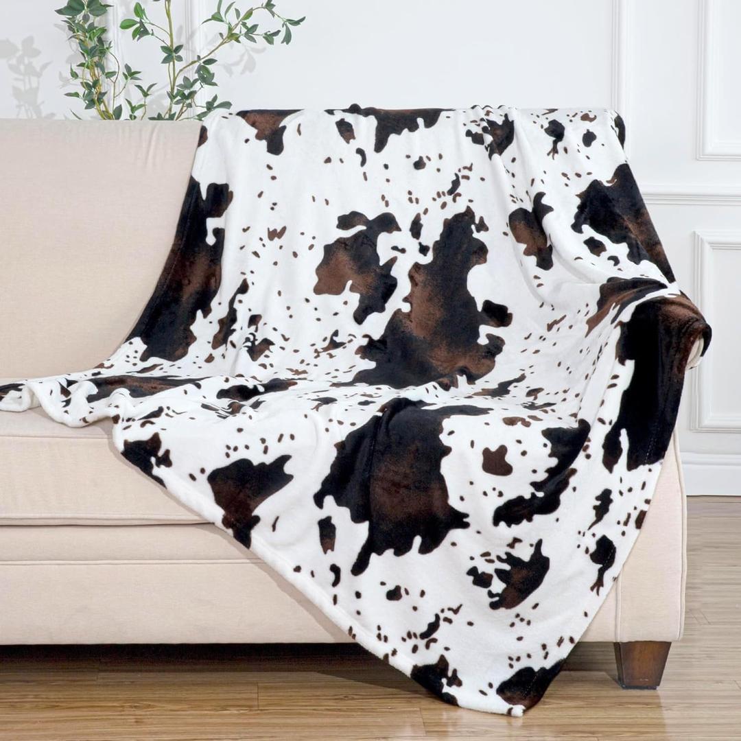 Cozy Cow Print Blanket, Super Soft Throw Blankets for Couch Bed and Travel, Plush Fuzzy Blanket for Women Girl Gifts, Non-Shedding Fleece, Western Decor, 50"x60" Black