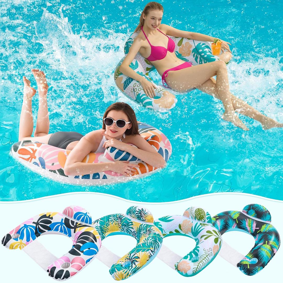 4 Pack Pool Floats Adult,OKSUWATER Pool Floaties for Adults with Two Cup Holders Inflatable Pool Floats Chairs, Lake Floats for Adults Applies to Water Play Party