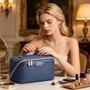 BOYATU Travel Makeup Bags for Women: Vintage Roman Column Texture Large Capacity Cosmetic Bag - Each Journey, Quiet Luxury Serenity - 3 Pcs Set Organizer Toiletry Purse 50% Extra Storage(Indigo)