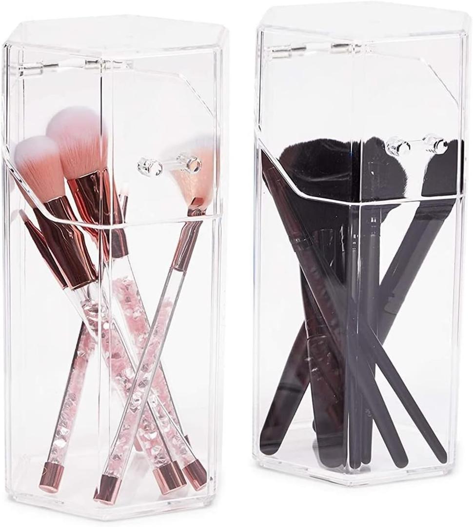 2-Pack Clear Acrylic Makeup Brush Holder with Lids - Covered Hexagon Cosmetic Organizer and Storage for Brushes, Mascara, Eyeliner, Beauty Supplies (4.3x3.9x8 in)