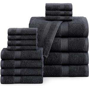 LANE LINEN 100% Cotton Luxury Towel Set for Bathroom - 16 Pieces, Ring Spun - Super Plush, Very Soft & Absorbent - 4 Bath Towels, 8 Washcloths, 4 Hand Towels - Suitable for All Skin Types - Black