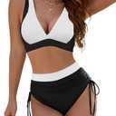 BMJL Women's High Waisted Bikini Sets Modest Tummy Control Swimsuit Two Piece Drawstring Bathing Suit (Black & White,S)