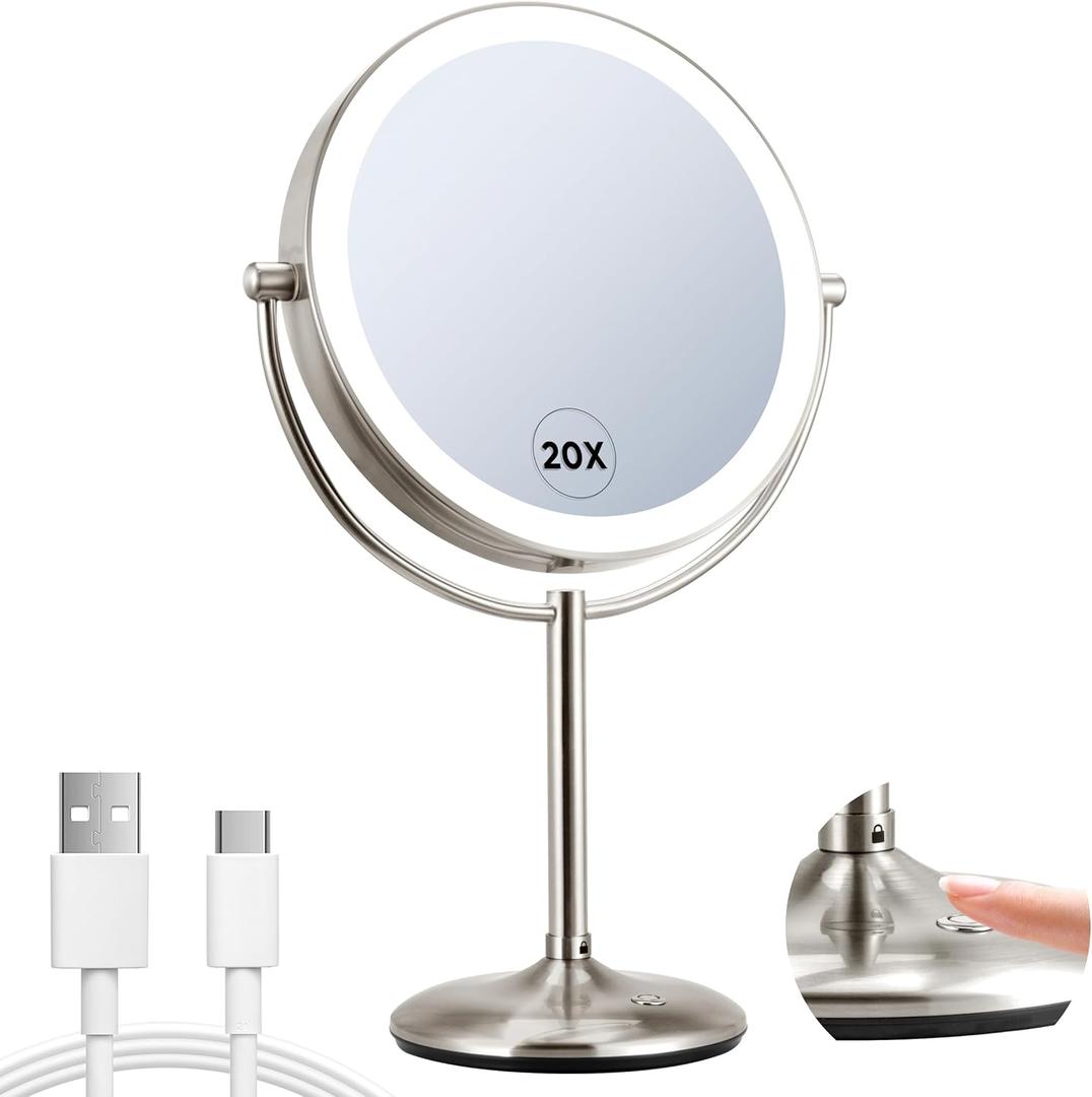 9" Lighted Makeup Mirror, 1X/20X Rechargeable Magnifying Mirror with 3 Color Dimmable Lights for Bedroom Tabletop, Base Charging and Switch, Women Gift (Brushed Nickel)