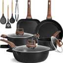 Kikcoin 16Pcs Pots and Pans Set Nonstick Ceramic Cookware Sets Induction Kitchen Cooking Set Non toxic Healthy Non Stick w/Grill Pan, Saute Pan, Black