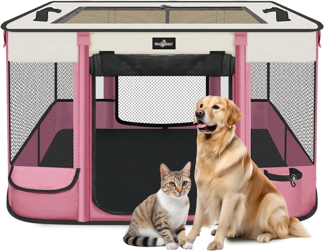 Paw Ballt Foldable Pet Kitten Playpen, Upgrade Waterproof Portable Cat Dog Playpen Kennel Tent for Small Cat Dog, Retractable Shade Cover with Free Carrying Case, Indoor Outdoor Use for Small Pet. (Pink 03)