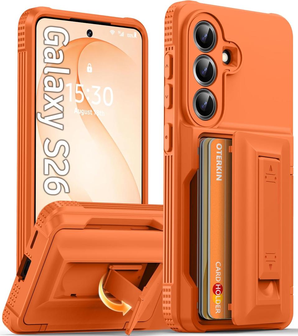 Oterkin for Samsung Galaxy S26 Case with Card Holder & Stand, Orange 6.3" | Holds 4-5 Cards, RFID Blocking Wallet, Full Camera Protection, Military Grade Shockproof Phone Case for Samsung S26 6.3"