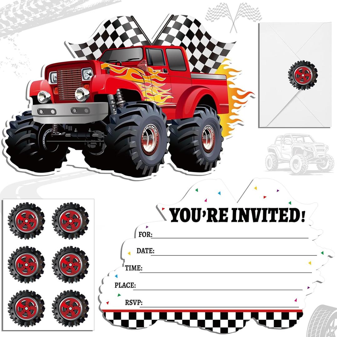 30 Sets Monster Truck Birthday Christmas Invitations with Envelopes Stickers Race Car Invitations for Boy Kids Birthday Party Supplies Decoration
