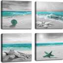 BQVCT 4 panels green ocean beach wall decoration for bathroom beach canvas prints natural pictures home artwork bedroom living room wall art ready to hang size: 12x12inch/set