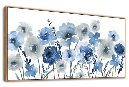 Framed Flowers Canvas Wall Art - Indigo Floral Canvas Pictures Living Room Wall Decor Botanical Canvas Prints Painting Abstract Artwork Bedroom Office Home Decor 29"x 58"