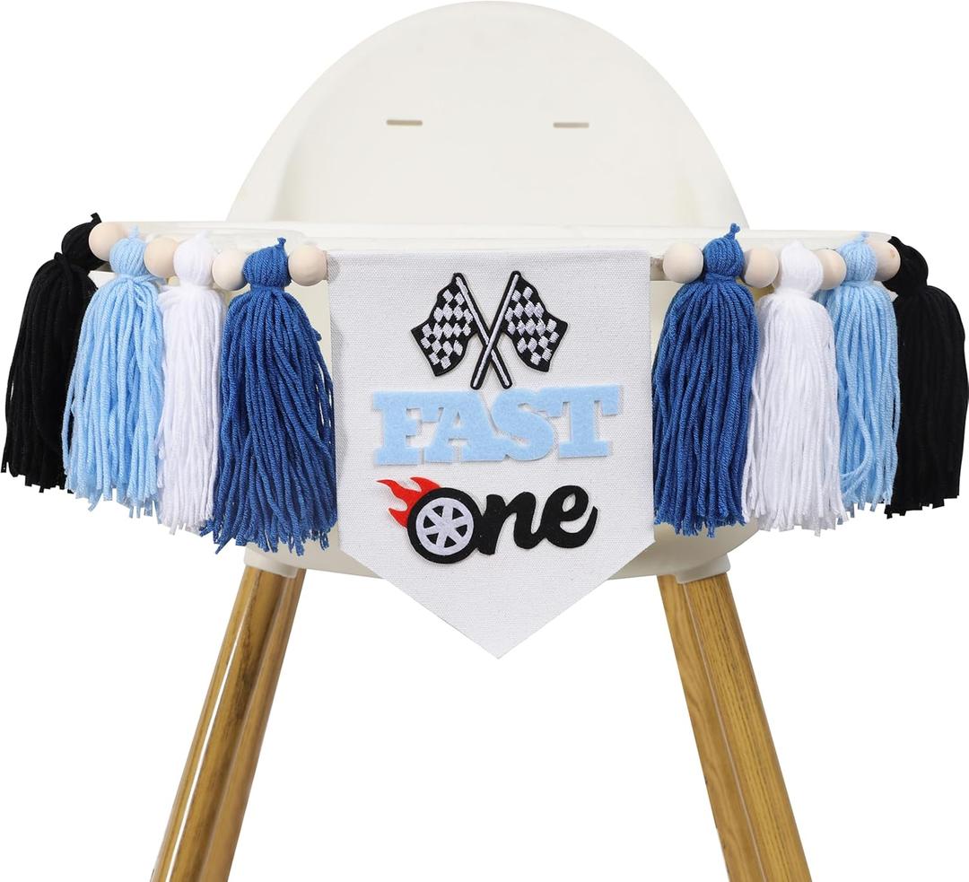 Fast One 1st Birthday High Chair Banner - Race Car Blue Tassel Highchair Decor for Boys, My First Lap Birthday Decor