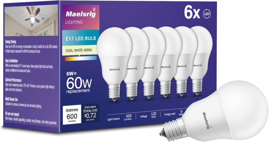 Maelsrlg E17 Intermediate Base LED Bulb, 6W (60 Watt Equivalent) G14 Globe Ceiling Fan Light Bulbs, Cool White 4000K, 600 Lumens, Non-Dimmable, Pack of 6