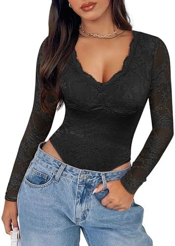 SAUNGKUAI Women's V Neck Lace Bodysuit Long Sleeve Bodysuits Double Lined Going Out Tops Y2K Trendy Thong Outfits Size Large