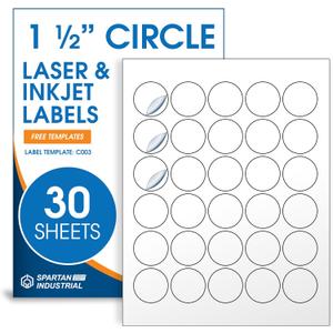 1.5" Printable Round Labels for Laser and Inkjet Printers - 900 Blank Labels, 30 Sheets for Thank You Stickers, Price Tags, QR Codes, Business Logos - Spartan Industrial Template C003