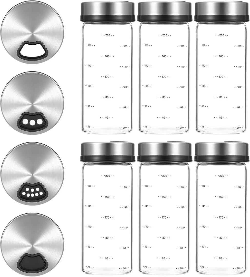 6 Pack Glass Spice Jars, 7 oz Salt and Pepper Shakers with Adjustable Pour Holes - for Seasonings, Herbs, Powders, Glitters